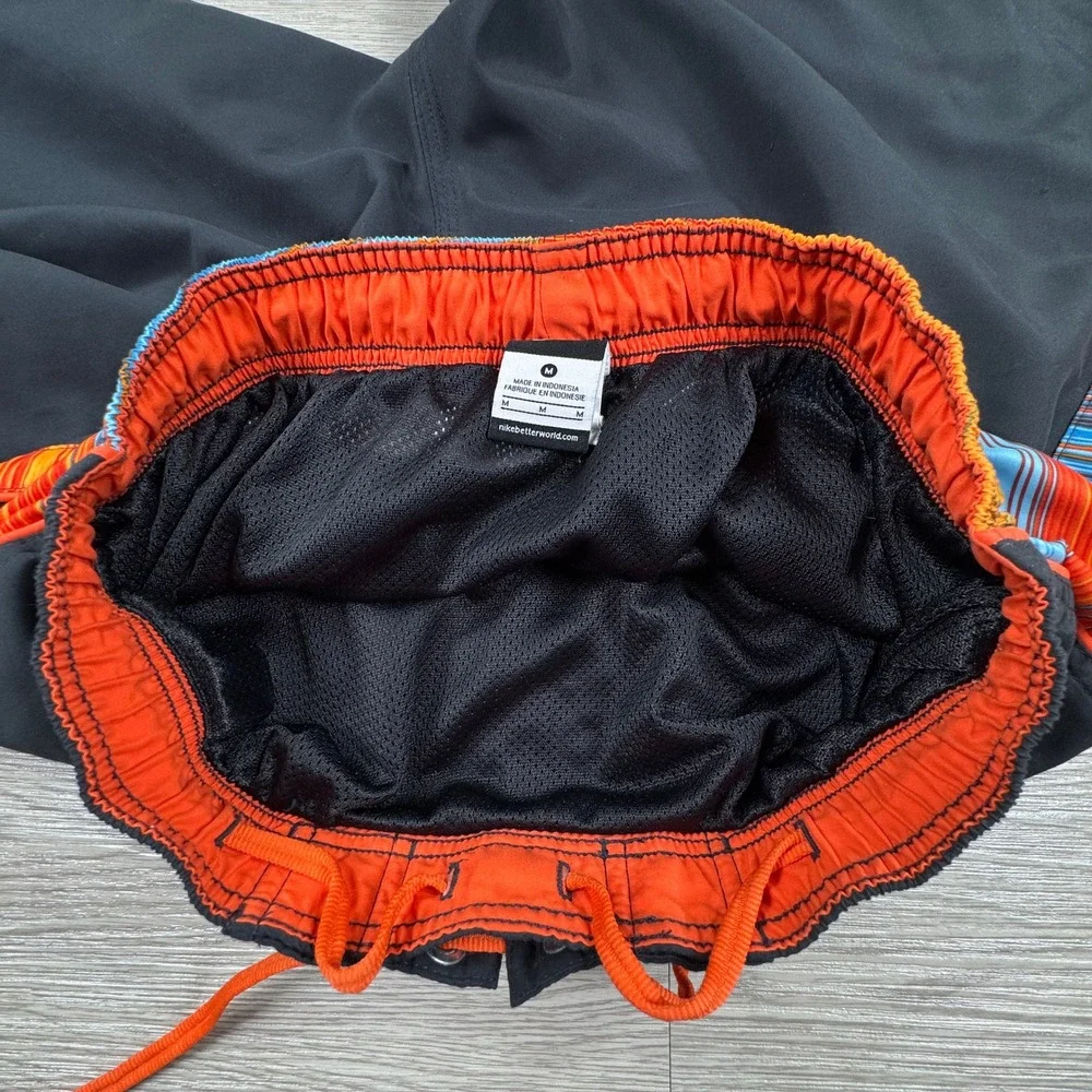 Nike‎ Mens Swim Trunks Board Shorts Black Orange Striped Medium Mesh Lined